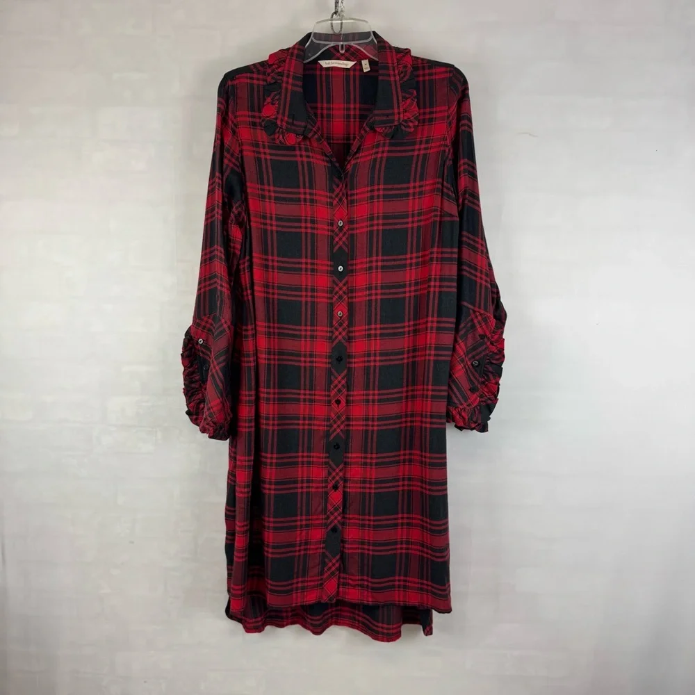 Soft Surroundings Plaid Button Front Tunic Dress Red Black Ruffle Cuff Women’s M